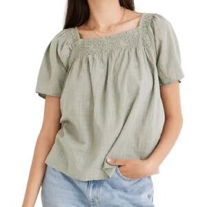 Madewell Green Smocked Blouse with Short Sleeves